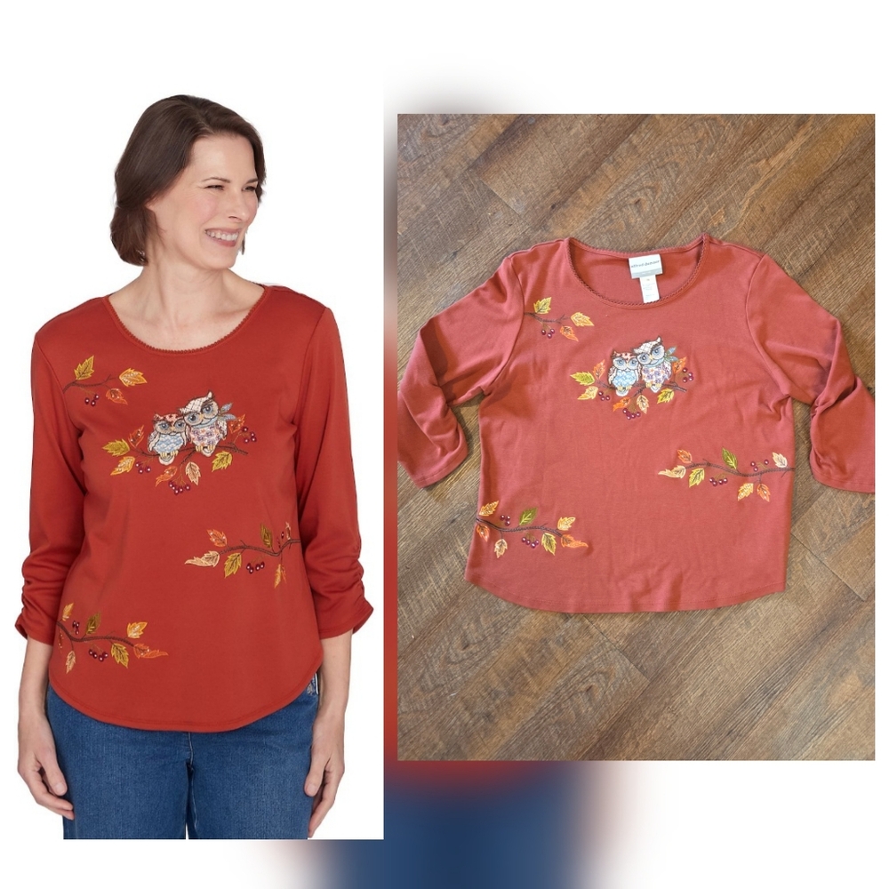 Alfred Dunner Nuzzling Owls Shirt Ruched Sleeves Sz Petite M Embroidery SOLD OUT